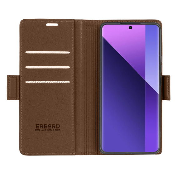 Чохол для Xiaomi Redmi Note 13 Pro+, ERBORD Glossy Litchi, гаманець з клапаном, коричневий