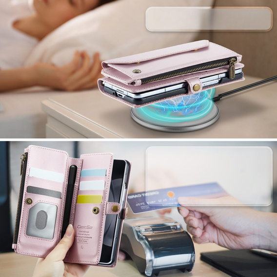 Чохол CASEME для Samsung Galaxy Z Fold6 5G, RFID Leather Wallet з плечовим ременем, рожевий