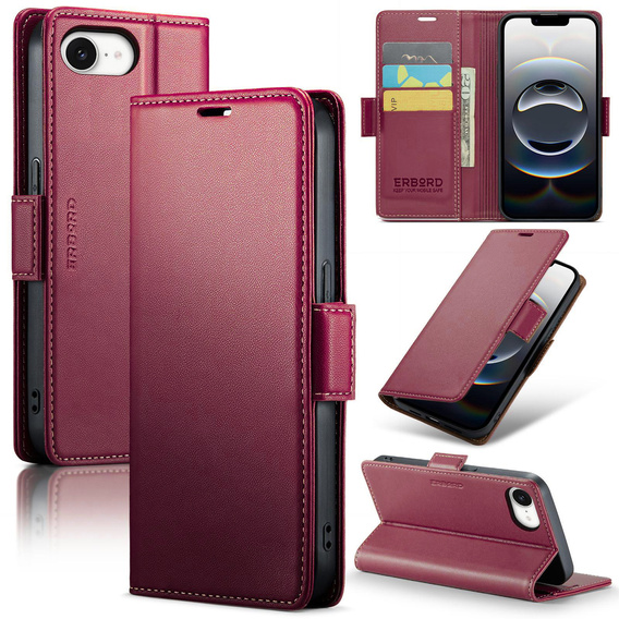 Чохол для Iphone 16E, ERBORD Glossy Litchi, гаманець з клапаном, червоний