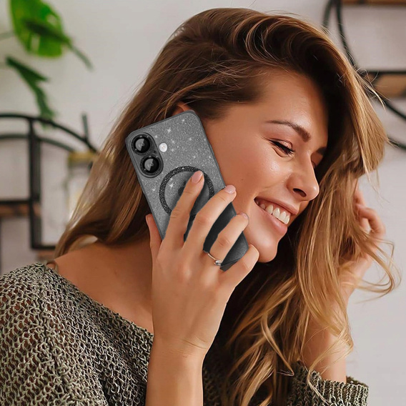 Чехол для iPhone 16, ERBORD Glitter MagSafe, чёрный + стекло для экрана