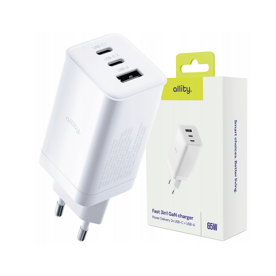 Зарядний пристрій Forcell 65W GaN 2x USB C 1x USB A , White