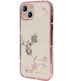 Чехол для iPhone 15 Plus, Glitter Flower, розовый rose gold