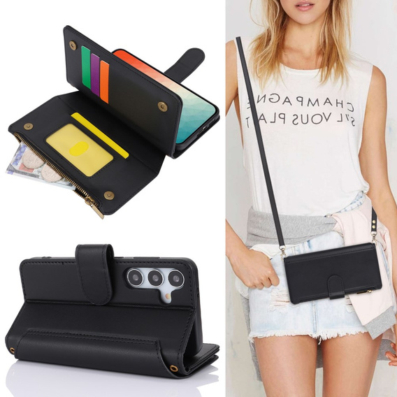 Чохол-книжка для Samsung Galaxy S24, Wallet Zipper Pocket RFID, з плечовим ременем, чорний