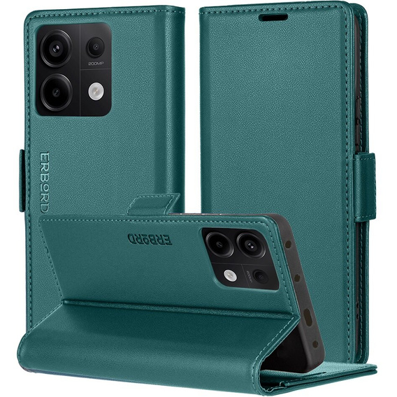 Чехол для Xiaomi Redmi Note 13 Pro 5G, ERBORD Glossy Litchi, кошелек с клапаном, зелёный