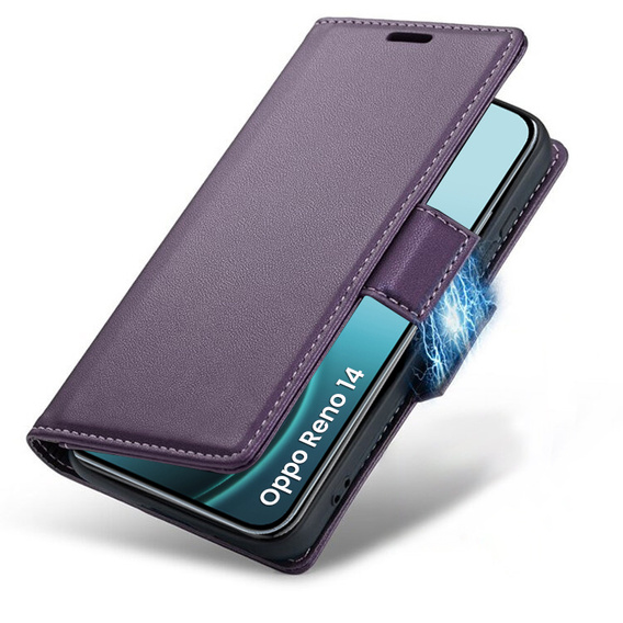 Чехол для Oppo Reno 14, ERBORD Glossy Litchi, кошелек с клапаном, фиолетовый
