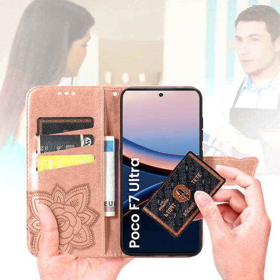 Откидной чехол для Xiaomi Poco F7 Ultra, Butterfly, розовый rose gold