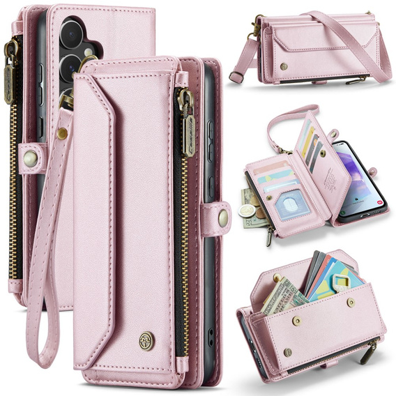 Чехол CASEME для Samsung Galaxy A55 5G, RFID Leather Wallet, с плечевым ремнем, розовый
