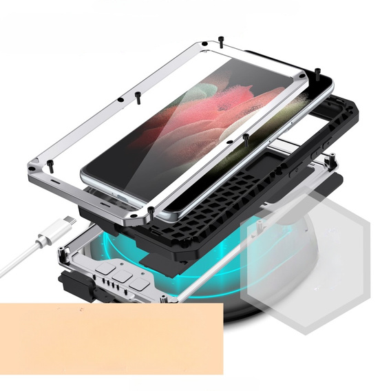 Чехол для Samsung Galaxy S21 Ultra, R-JUST CamShield Slide, бронированный, серебряный / черный