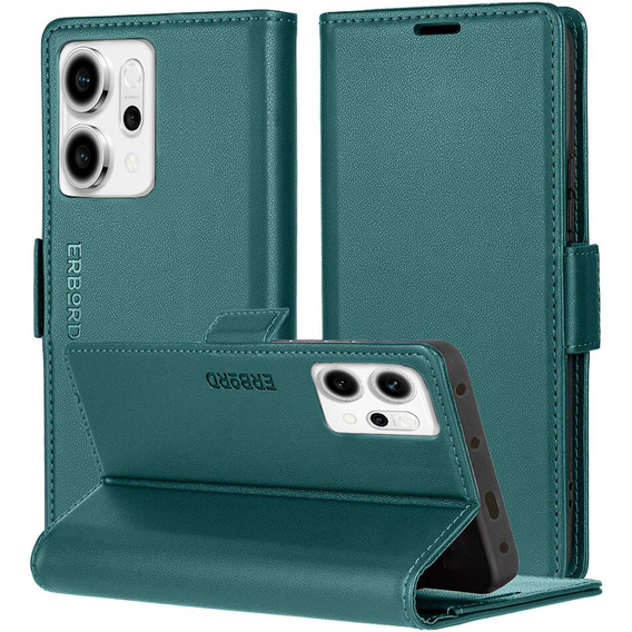 Чохол для Oppo Reno 14, ERBORD Glossy Litchi, гаманець з клапаном, зелений