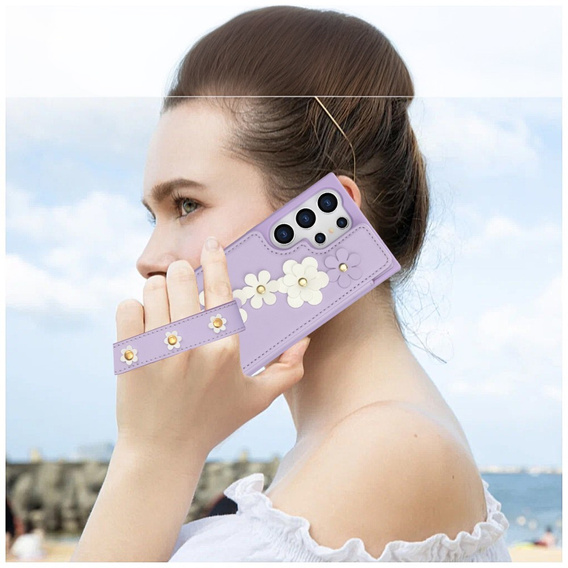 Чехол для Samsung Galaxy S24 Ultra, Leather Flower Card Slot, фиолетовый