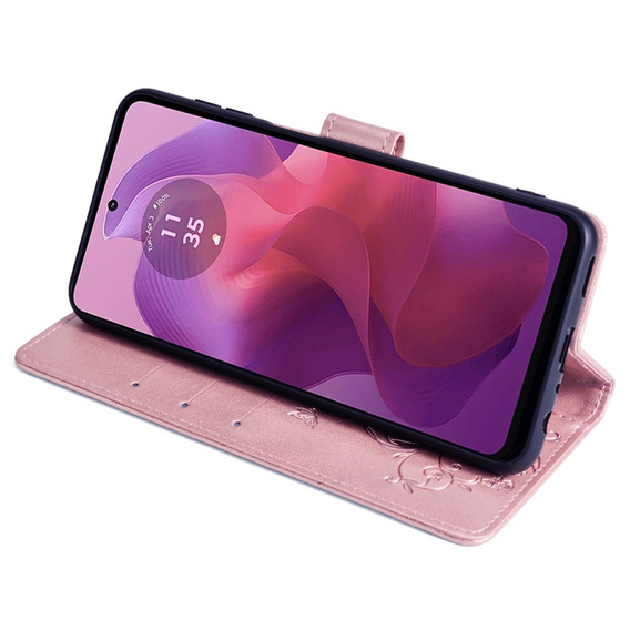 Откидной чехол для Motorola Moto E14, Butterfly, розовый rose gold