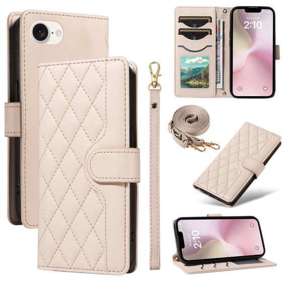 Чохол-сумка для iPhone 16E, Rhombus Crossbody Leather, бежевий