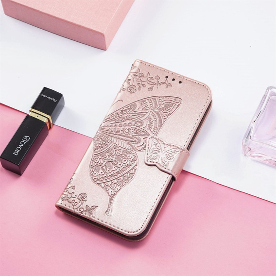 Чохол-книжка для Xiaomi Redmi Note 14 4G, Butterfly, рожевий rose gold