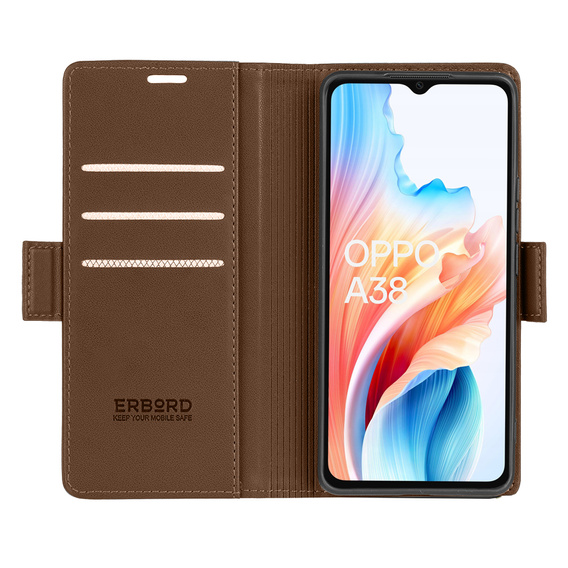 Чохол для Oppo A18 4G / A38 4G, ERBORD Glossy Litchi, гаманець з клапаном, коричневий