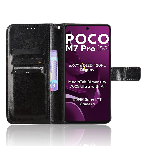 Футляр з клапаном для Xiaomi Poco M7 Pro 5G, Crazy Horse Wallet, чорний