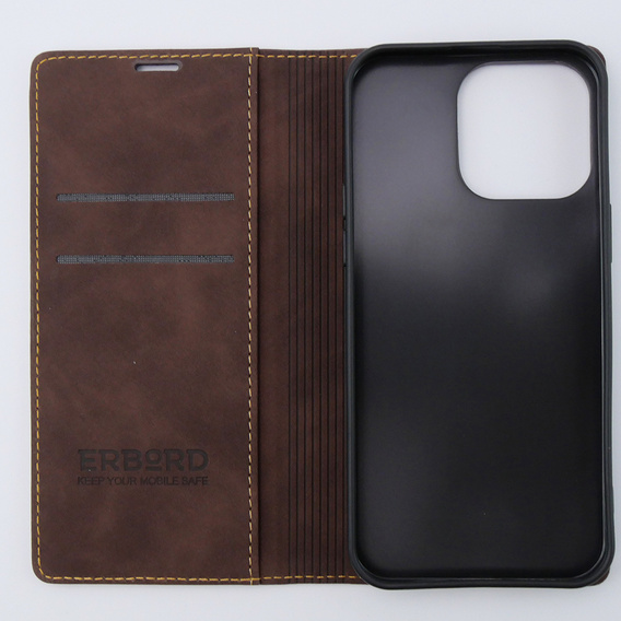 Чехол для iPhone 15 Pro, ERBORD Vintage, бумажник с клапаном, кофе