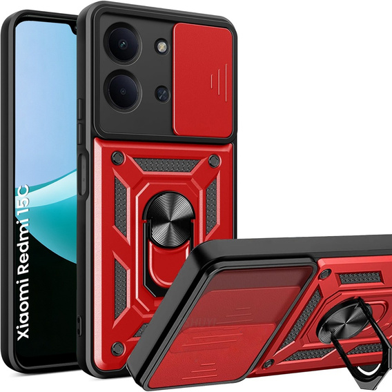 Броньований чохол для Xiaomi Redmi 15C 4G/LTE, із захистом камери, з підставкою, червоний