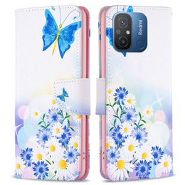 Откидной чехол для Xiaomi Redmi 12C, butterfly and flowers, белый