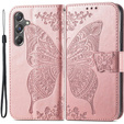 Откидной чехол для Samsung Galaxy A15, Butterfly Flower, розовый rose gold + 9H стекло  