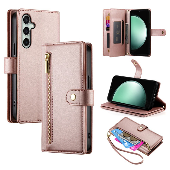 Откидной чехол для Samsung Galaxy S24 FE, Wallet Zipper Pocket, розовый