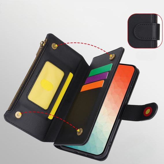 Чохол-книжка для Samsung Galaxy S24, Wallet Zipper Pocket RFID, з плечовим ременем, чорний