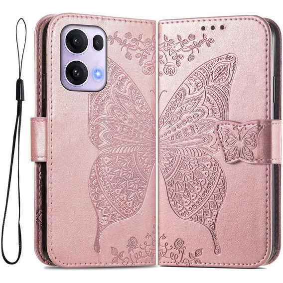 Откидной чехол для Oppo Reno 13 Pro, Butterfly, розовый rose gold