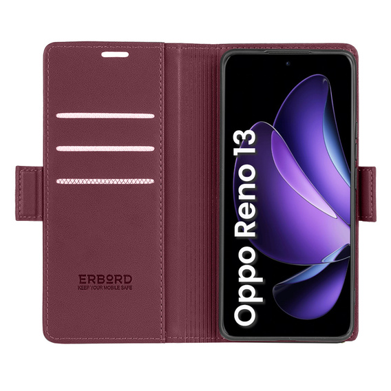 Чохол для Oppo Reno 13, ERBORD Glossy Litchi, гаманець з клапаном, червоний