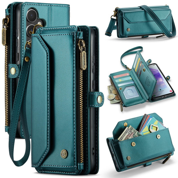 Чехол CASEME для Samsung Galaxy A55 5G, RFID Leather Wallet, с плечевым ремнем, зелёный