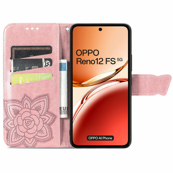 Чохол-книжка для Oppo Reno 12FS / 12F, Butterfly, рожевий rose gold