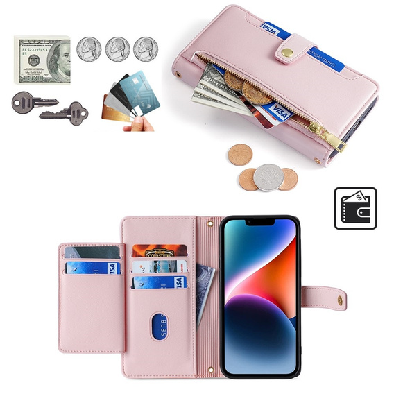 Откидной чехол для iPhone 14, Wallet Zipper Pocket, розовый