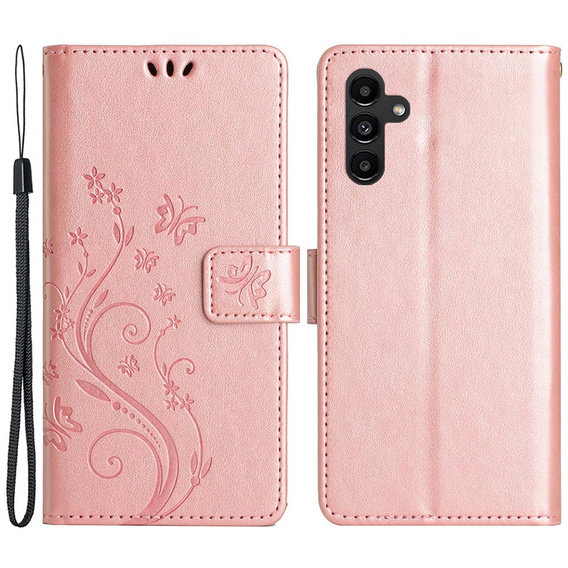 Откидной чехол для Samsung Galaxy A25 5G, Butterfly Flower, розовый rose gold + 9H стекло  