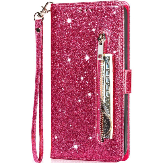 Откидной чехол для Samsung Galaxy A55, Wallet Zipper Pocket Glittery, розовый
