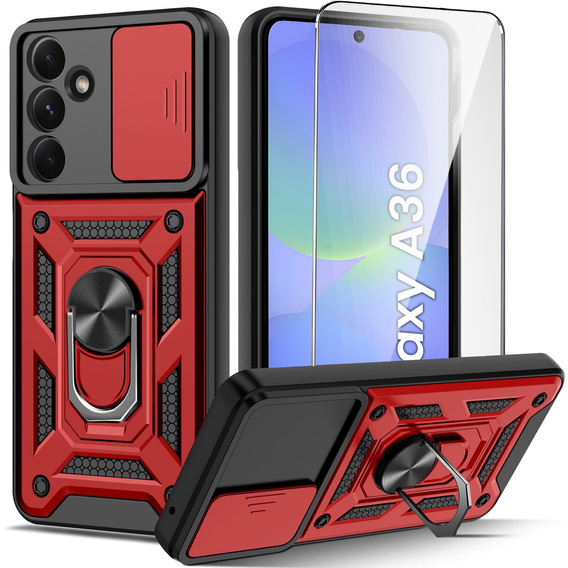Бронированный чехол для Samsung Galaxy A36, CamShield Slide, красный + закаленное стекло 9H