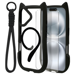 Чехол для iPhone 16, для MagSafe, Cute Cat, чёрный + стекло для экрана