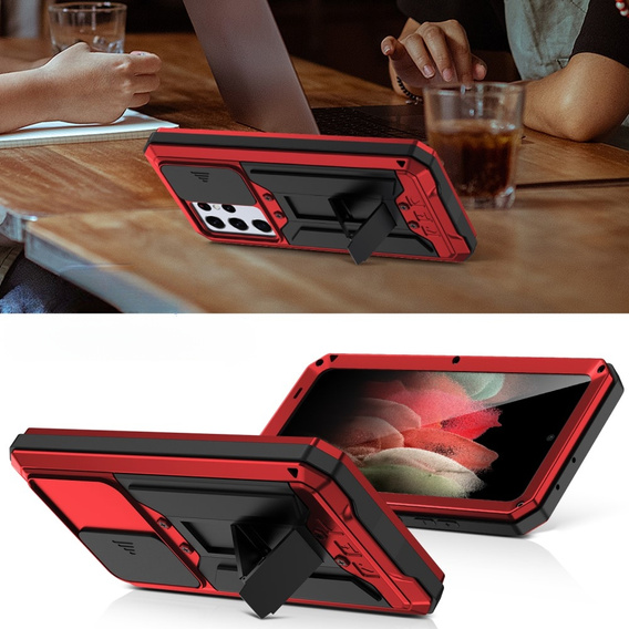 Чехол для Samsung Galaxy S21 Ultra, R-JUST CamShield Slide, бронированный, красный / черный