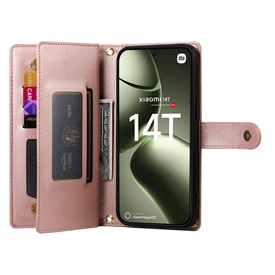 Откидной чехол для Xiaomi 14T, Wallet Zipper Pocket, розовый