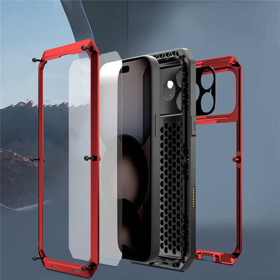 Чехол для iPhone 15 Pro, бронированный, со встроенным стеклом, красный
