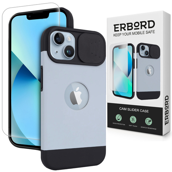 Чохол ERBORD MagSafe Cam Slider, синій + Скло для екрану для iPhone 13 / iPhone 14