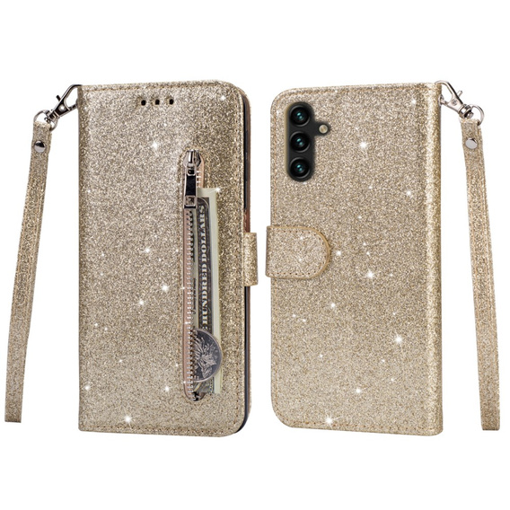Откидной чехол для Samsung Galaxy A55, Wallet Zipper Pocket Glittery, золотой