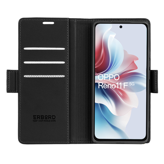 Чехол для Oppo Reno 11F, ERBORD Glossy Litchi, кошелек с клапаном, чёрный