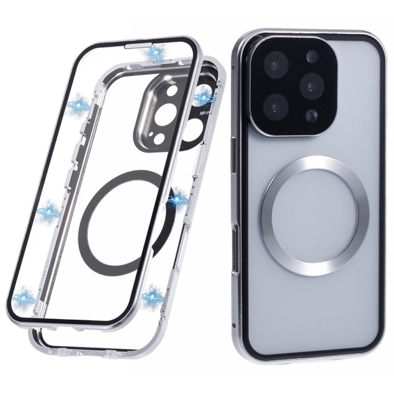 Магнитный чехол с двойным стеклом MagSafe для iPhone 16 Pro Max, серебряный