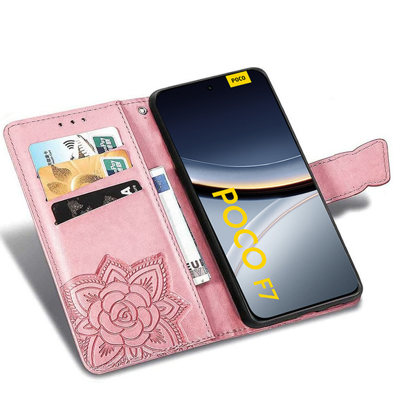 Откидной чехол для Xiaomi Poco F7, Butterfly, розовый rose gold