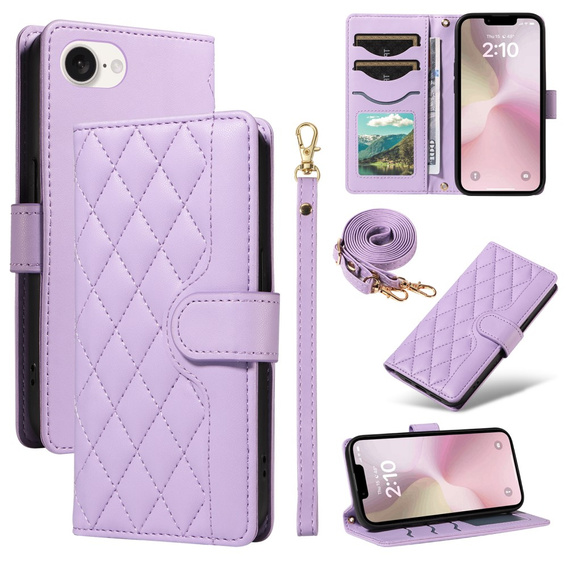 Чохол-сумка для iPhone 16E, Rhombus Crossbody Leather, фіолетовий