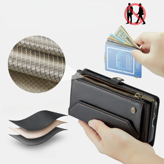 Чехол CASEME для Samsung Galaxy S24 FE, RFID Leather Wallet, с плечевым ремнем, чёрный