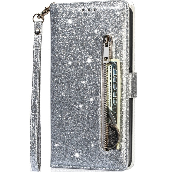 Чохол-книжка для Samsung Galaxy A55, Wallet Zipper Pocket Glittery, сріблястий