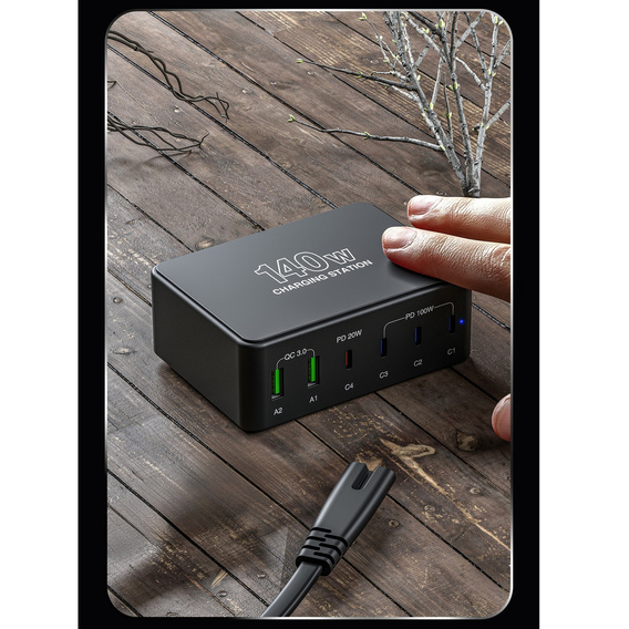Зарядна станція ERBORD 140 Вт 4x USB-C + 2x USB-A, чорна