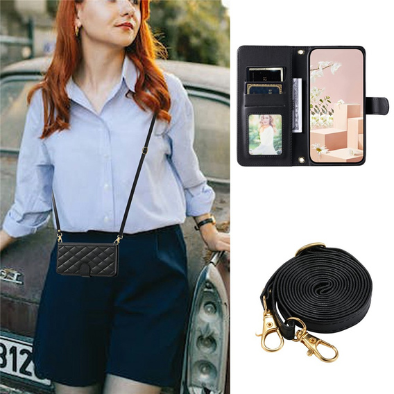 Чохол-сумка для Samsung Galaxy S25 FE, Rhombus Crossbody Leather, чорний