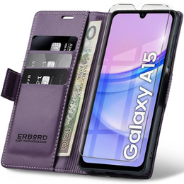 Чохол для Samsung Galaxy A15 4G / 5G, ERBORD Glossy Litchi, фліп-гаманець + загартоване скло 9H