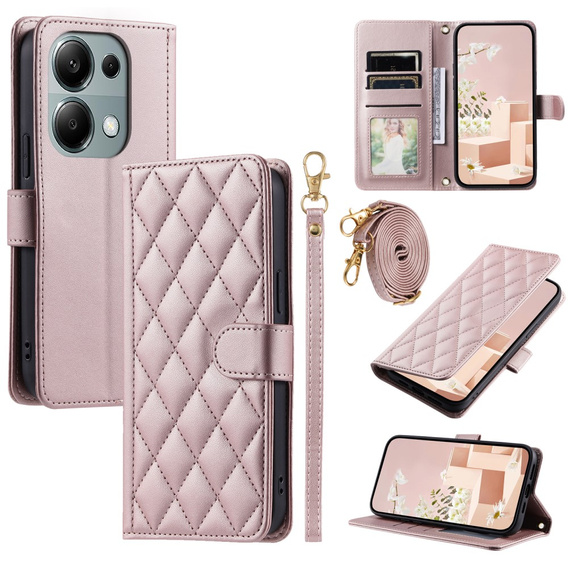чехол-крышка для Xiaomi Redmi Note 13 Pro 4G / Xiaomi Redmi Note 14S / Xiaomi Poco M6 Pro 4G, Rhombus Crossbody Leather, розовый rose gold
