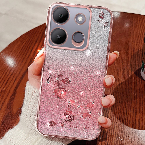 Чохол для Infinix Smart 7 4G, Glitter Flower, рожевий rose gold